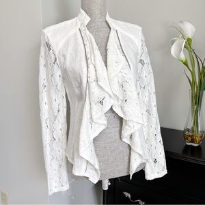 INC White Linen Lace Draped Ruffle Open Blazer Jacket Small